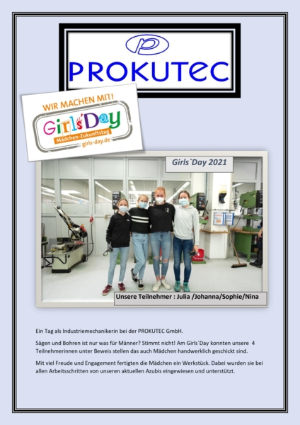 Foto und Kurzbericht zum Girls'Day bei Prokutec