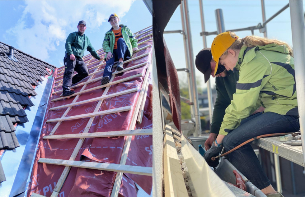 Fotocollage zeigt Personen, die auf einem Dach arbeiten