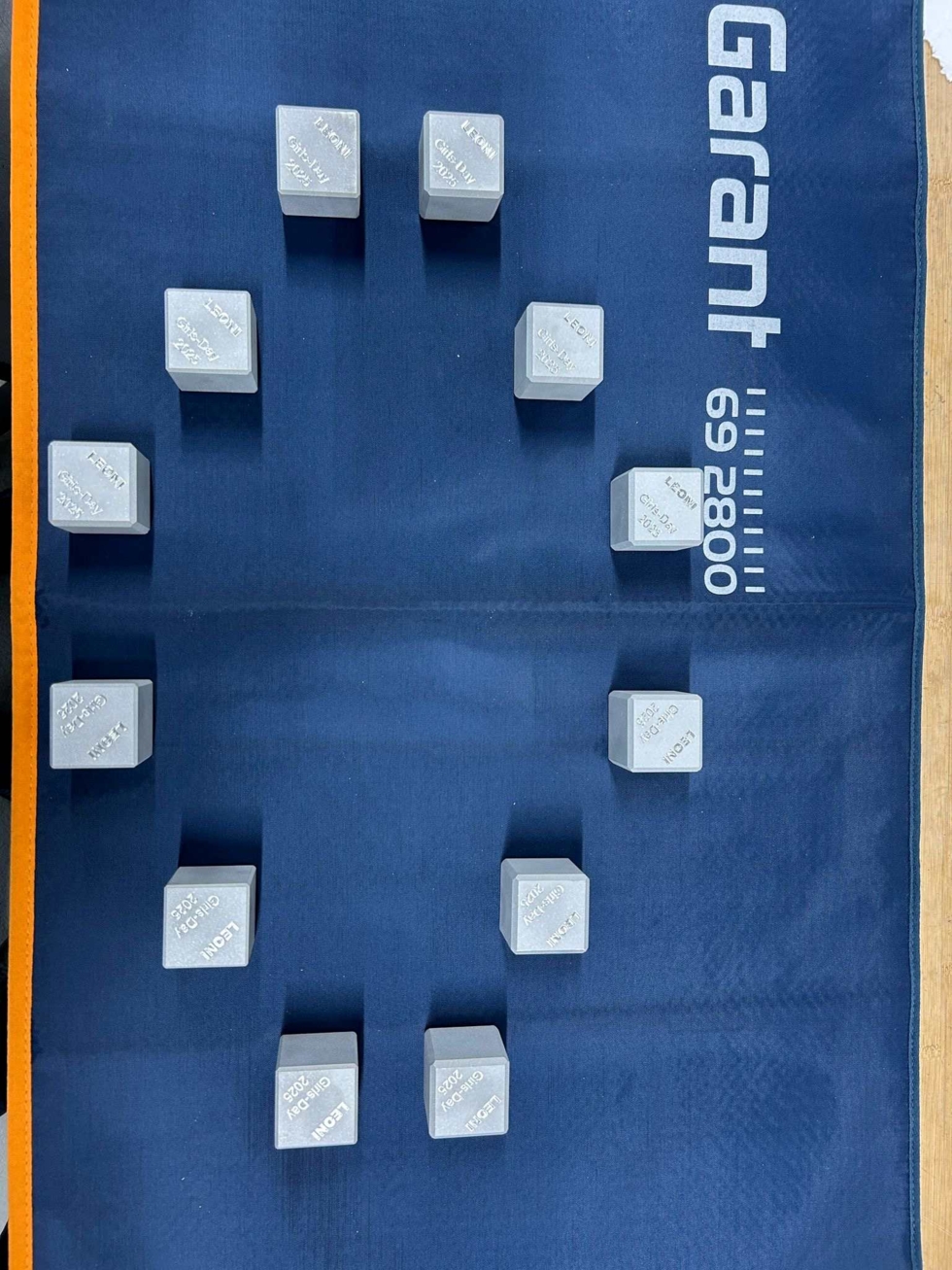 Zwölf weiße Würfel mit Zahlen und Symbolen auf einem blauen Garant-Werkzeugtaschentuch angeordnet