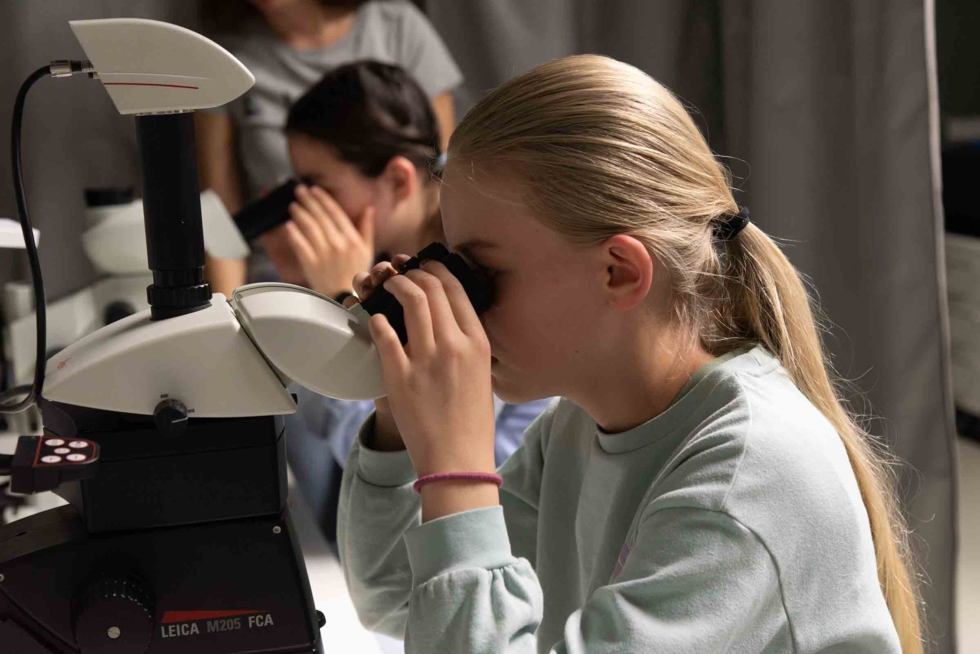 Girls'Day-Teilnehmerinnen an Mikroskopen