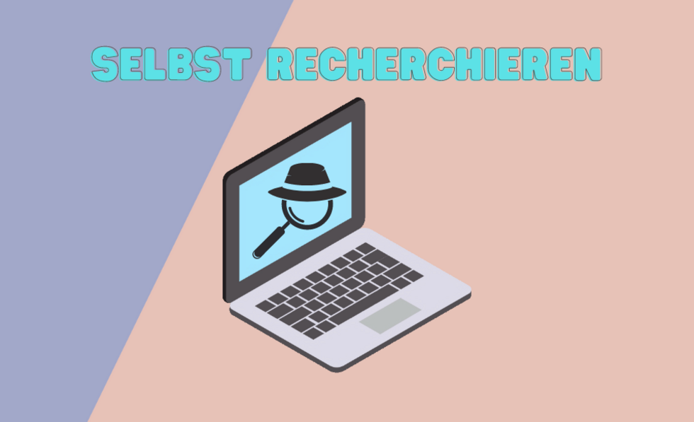 Grafik mit einem Laptop und dem Schriftzug: Selbst recherchieren